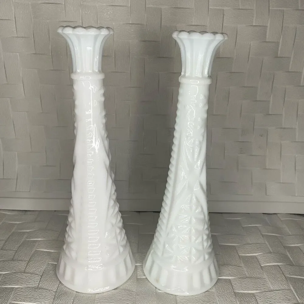 Vintage Set of 2 Two Vases Anchor Hocking Milk Glass Bud Vase -Stars and Bars 9”